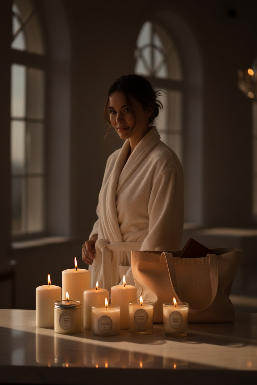 Woman in plush robe in front candle lite scene. Tote bag lay next to her.  