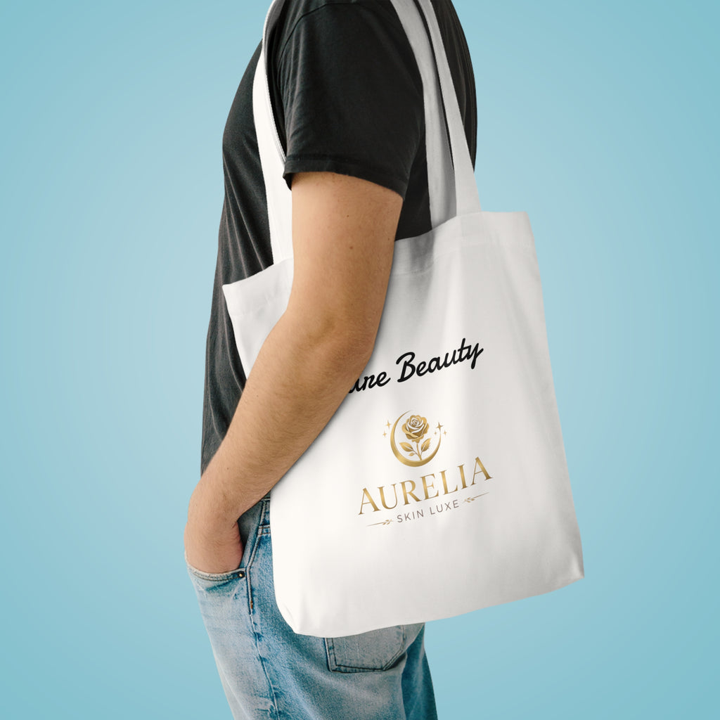Person holding a white tote bag with 'Aurelia' branding against a light blue background