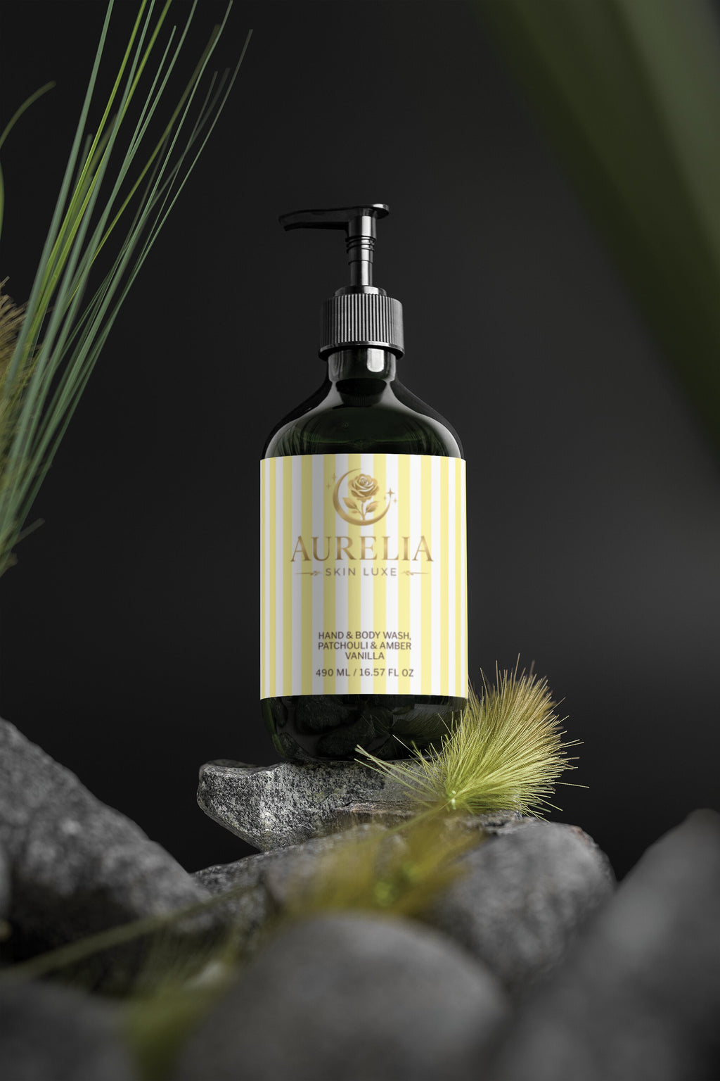 Bottle of Roxie hand and body wash on a dark background with greenery