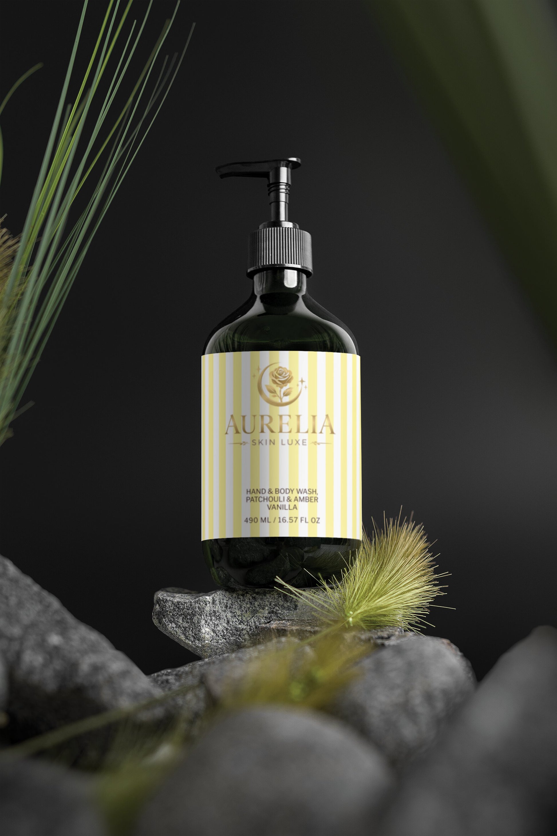 Bottle of Roxie hand and body wash on a dark background with greenery