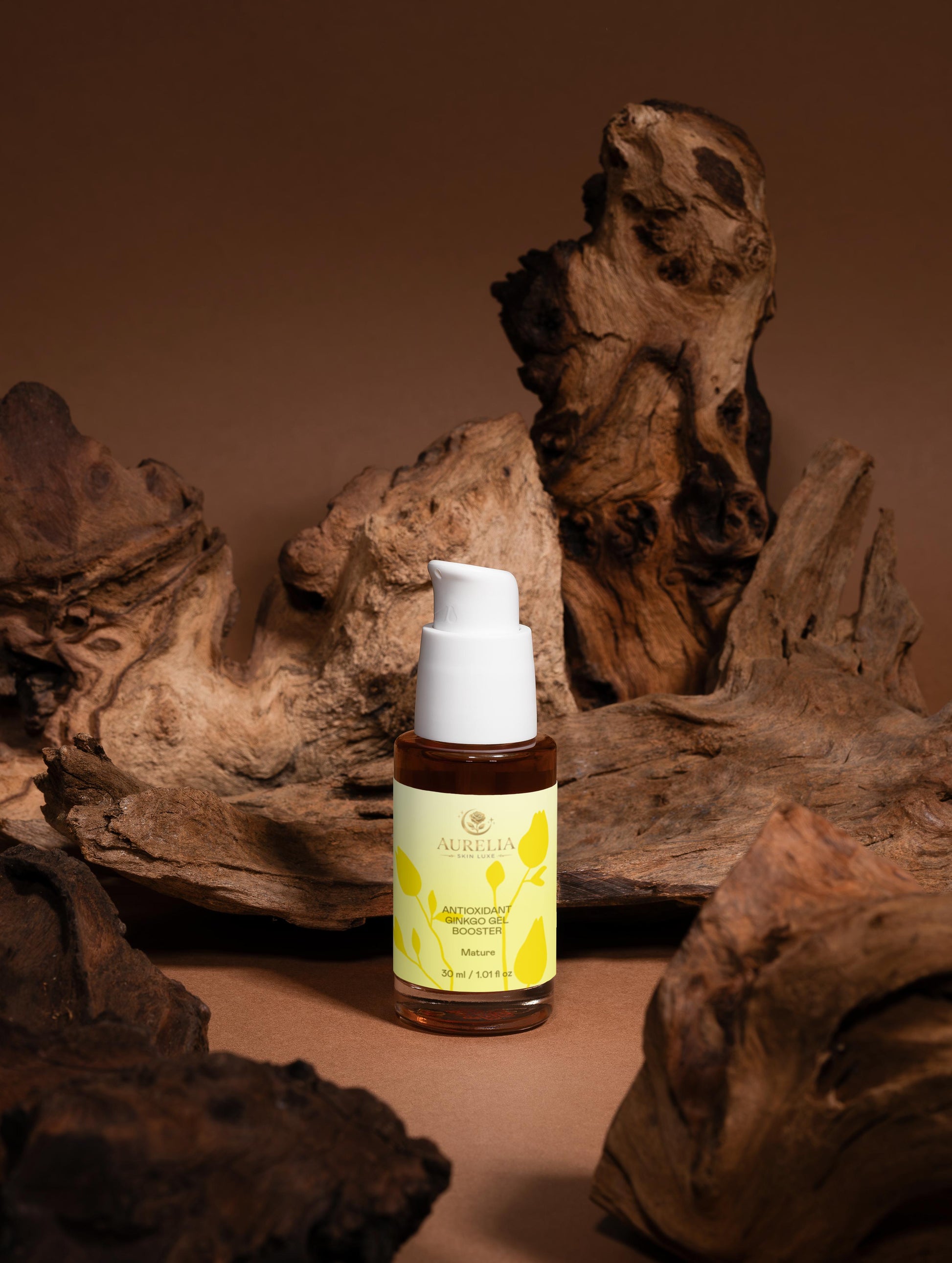 Skincare bottle with a yellow label on a brown background with wooden textures