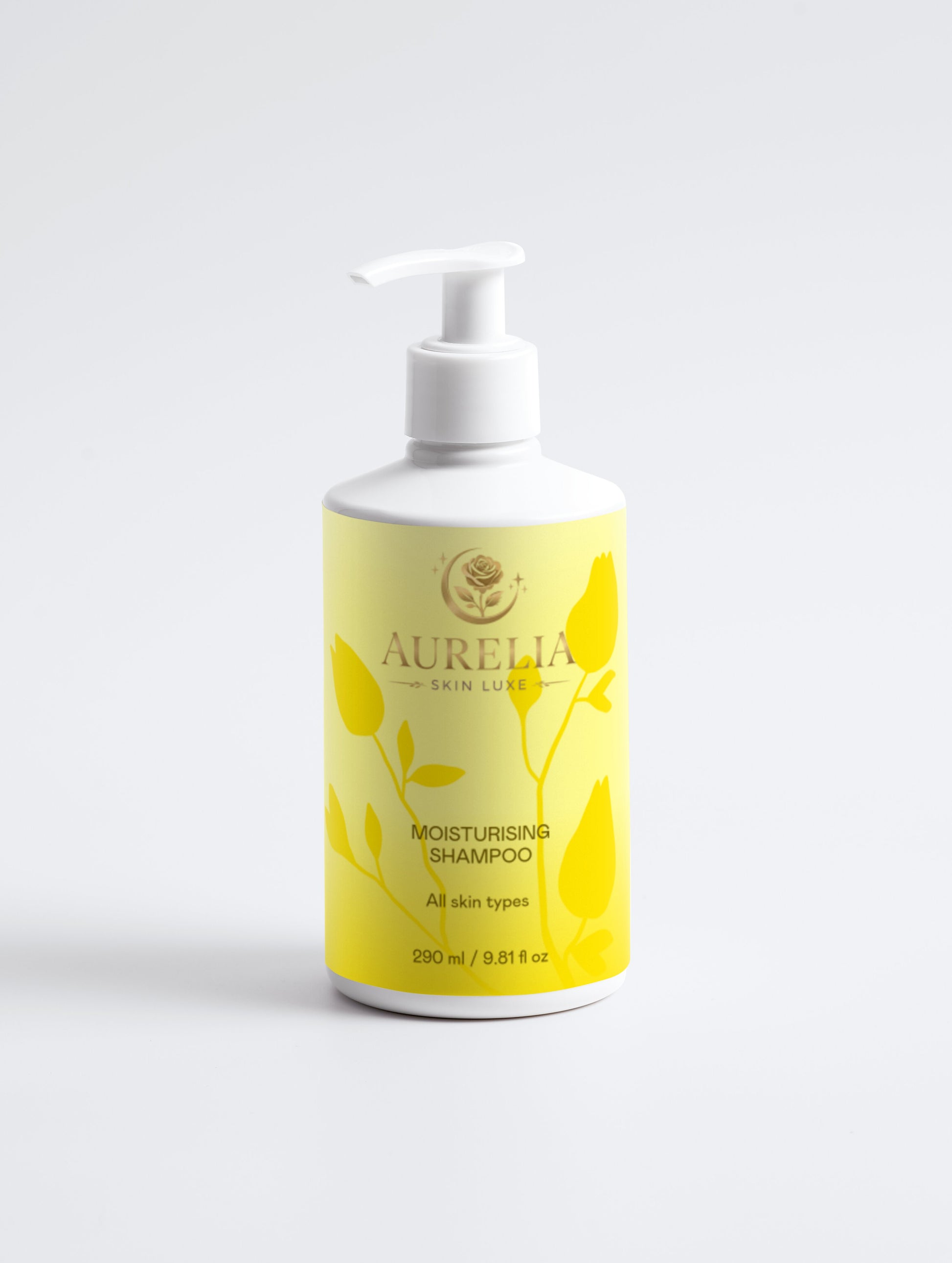 Aurelia moisturizing shampoo bottle with yellow label on a white background