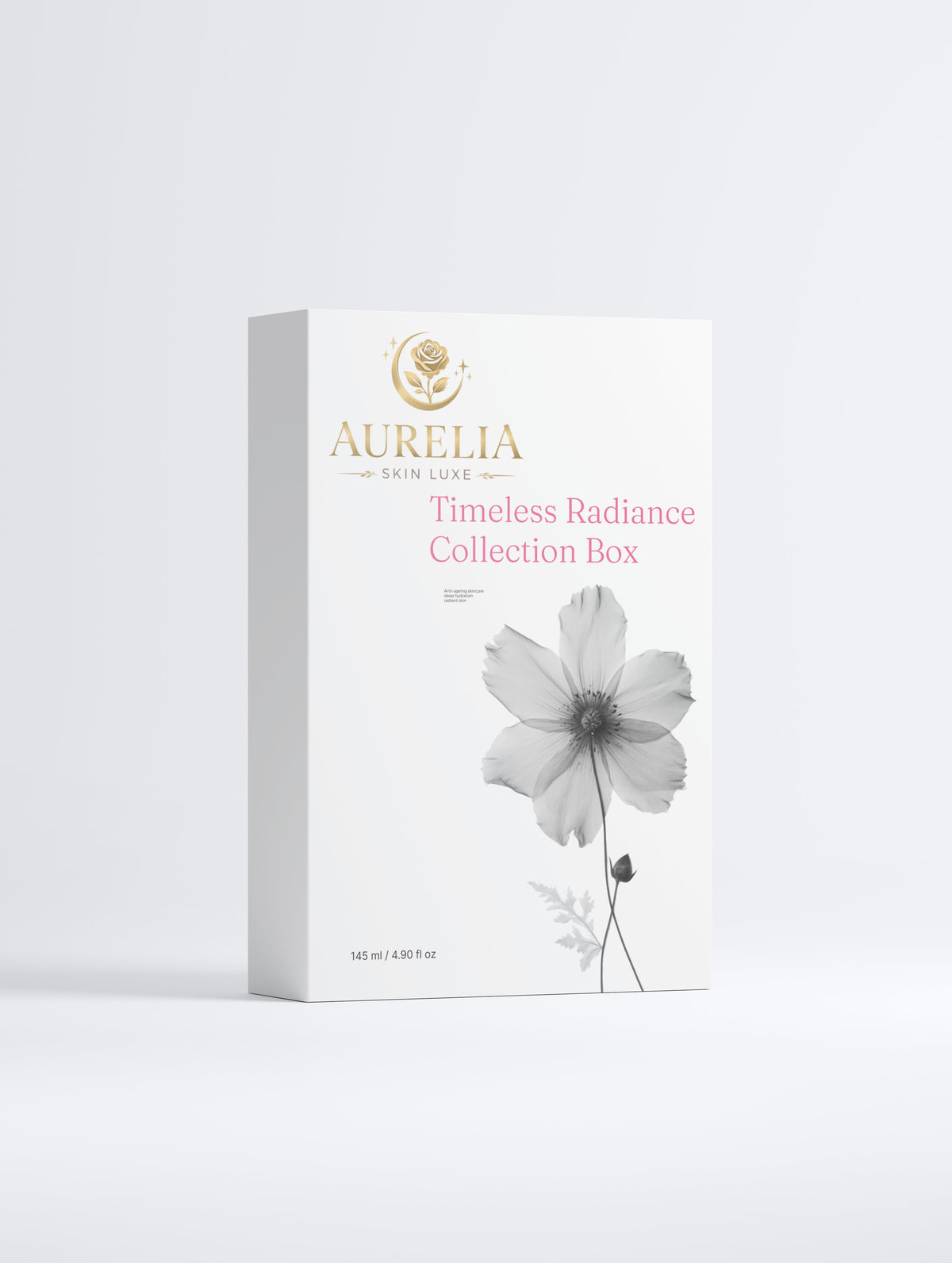 Aurelia Timeless Radiance Collection Box with a white flower design on a light gray background