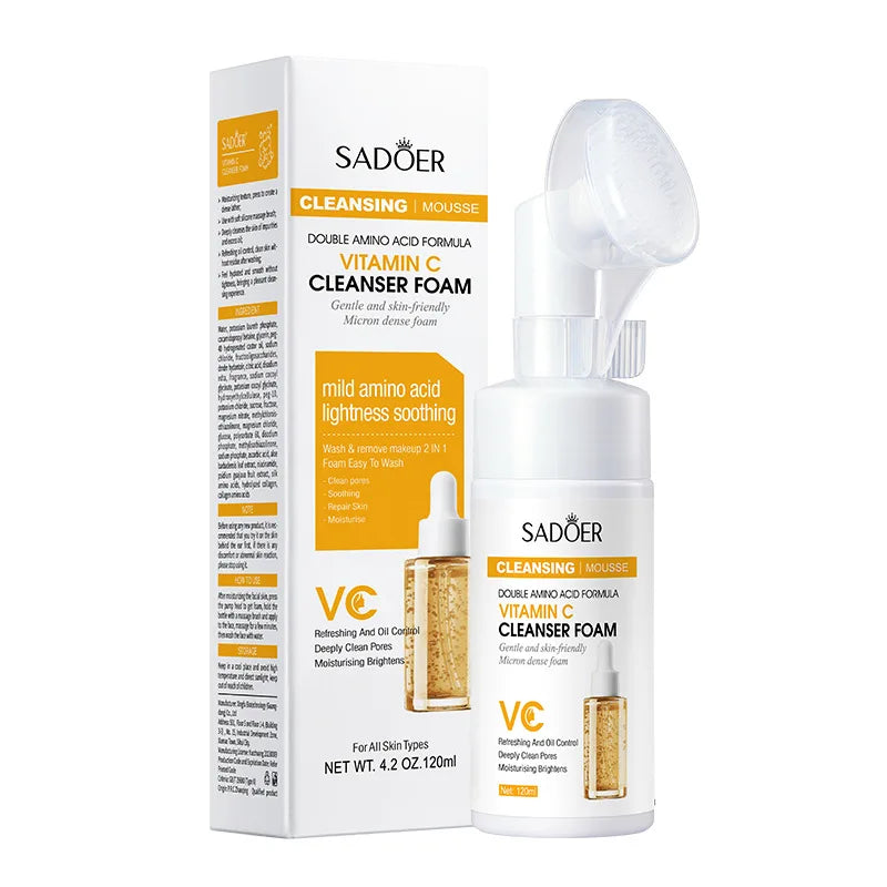 SADOER Brightening Facial Cleanser Foam – Vitamin C, Q10, Hyaluronic Acid & Vitamin B5 Variants, 100ml