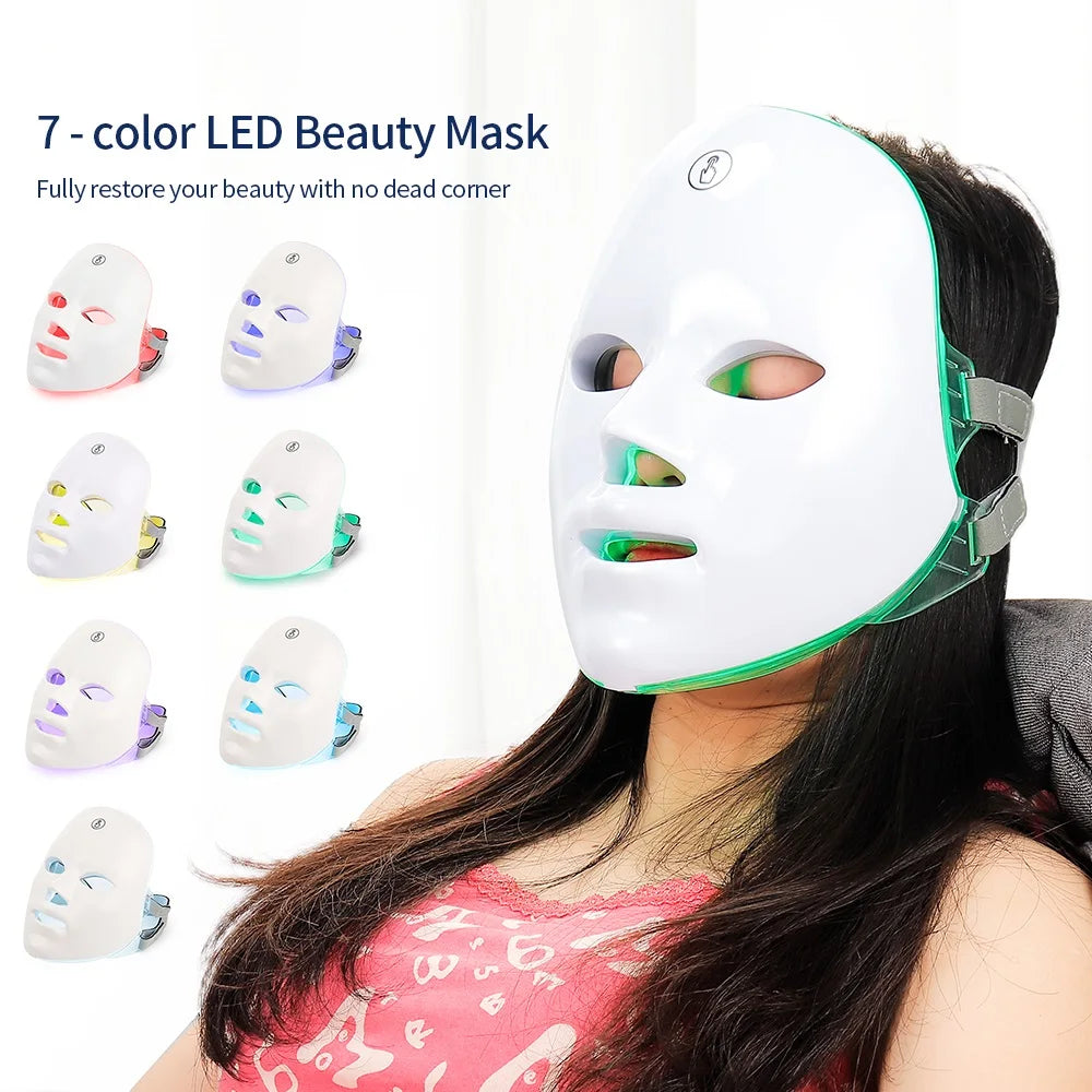 Person wearing a 7-color LED beauty mask with close-up insets of different color options.