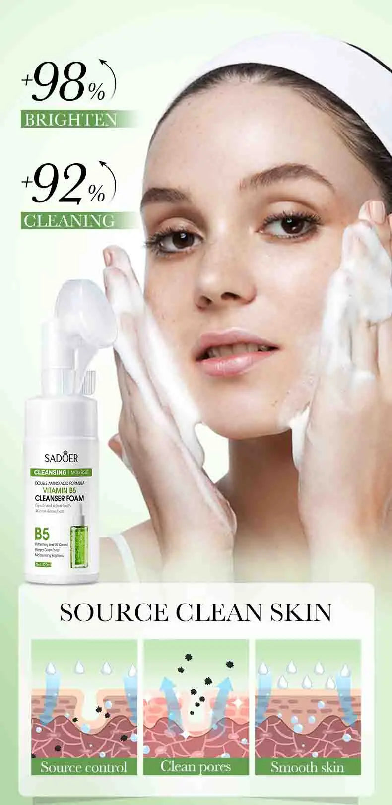 SADOER Brightening Facial Cleanser Foam – Vitamin C, Q10, Hyaluronic Acid & Vitamin B5 Variants, 100ml
