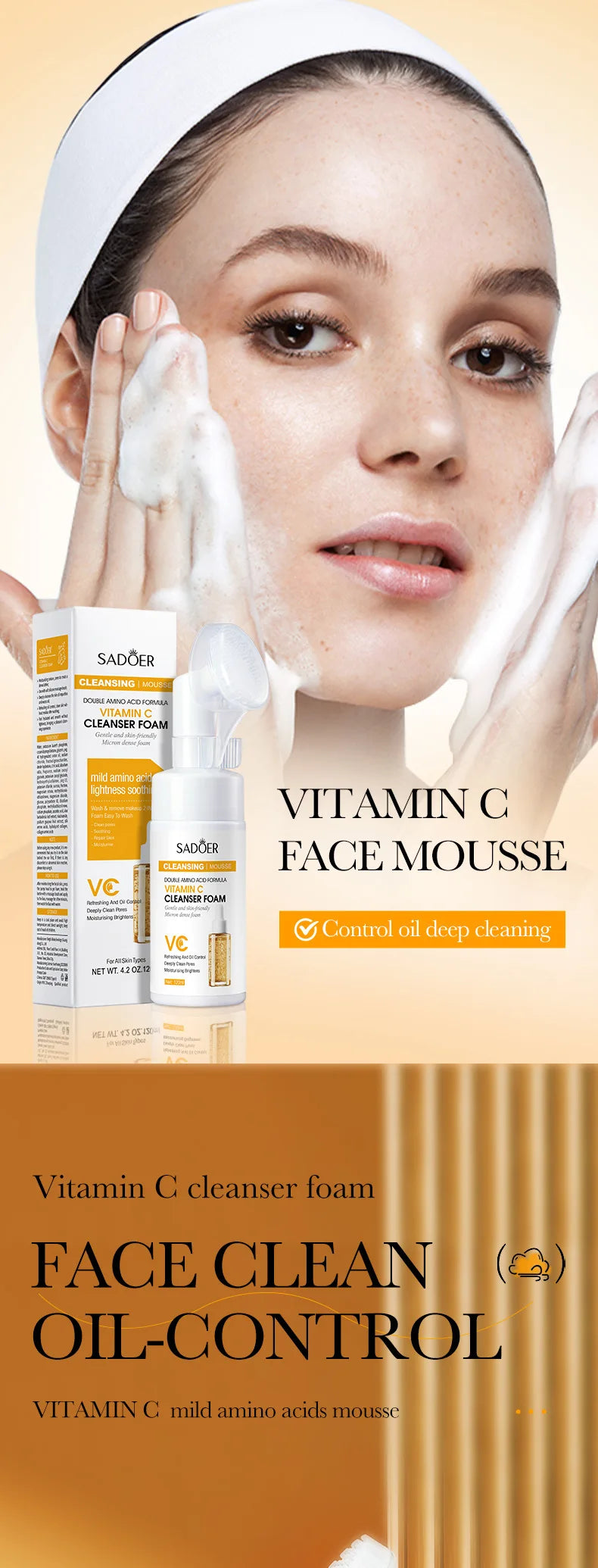 SADOER Brightening Facial Cleanser Foam – Vitamin C, Q10, Hyaluronic Acid & Vitamin B5 Variants, 100ml