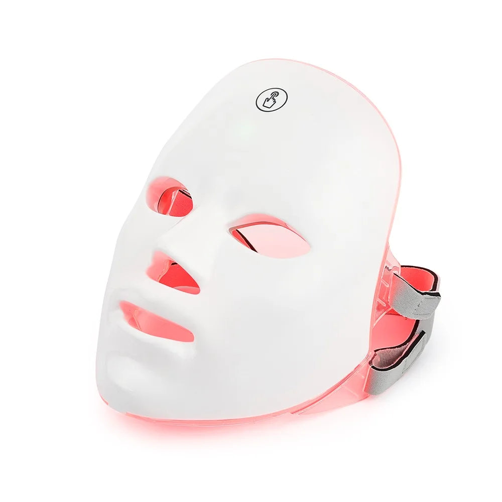 White LED face mask with red lights on a white background