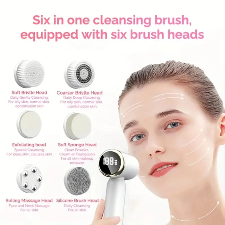 6-in-1 Ultrasonic Electric Face Cleansing Brush – Compress Therapy, Exfoliating & Blackhead Removal