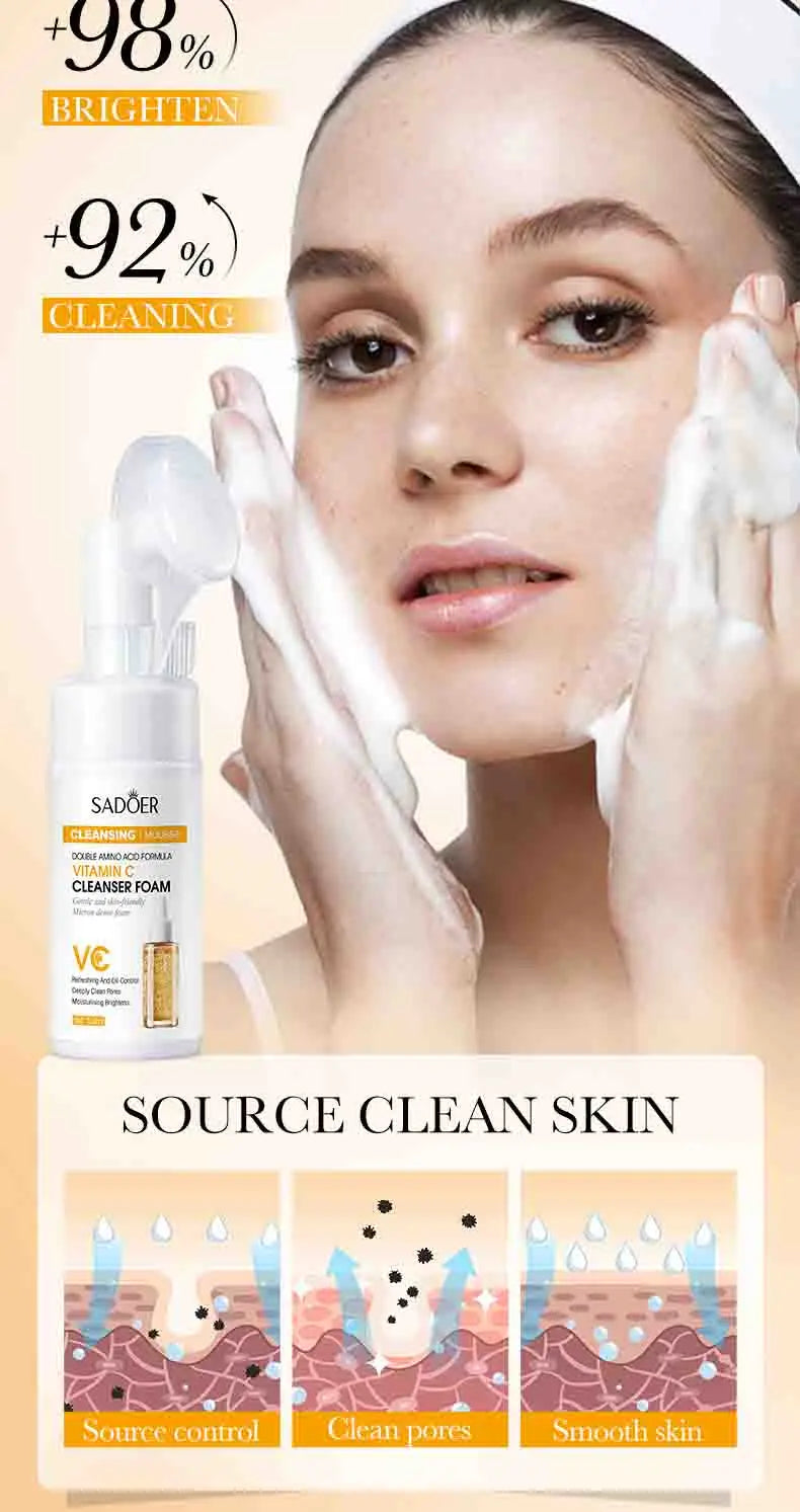 SADOER Brightening Facial Cleanser Foam – Vitamin C, Q10, Hyaluronic Acid & Vitamin B5 Variants, 100ml