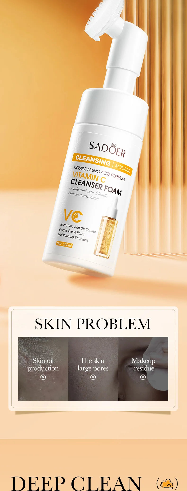SADOER Brightening Facial Cleanser Foam – Vitamin C, Q10, Hyaluronic Acid & Vitamin B5 Variants, 100ml