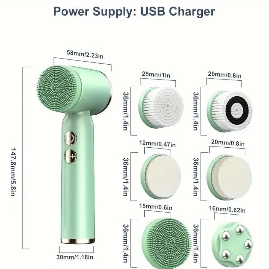 6-in-1 Ultrasonic Electric Face Cleansing Brush – Compress Therapy, Exfoliating & Blackhead Removal