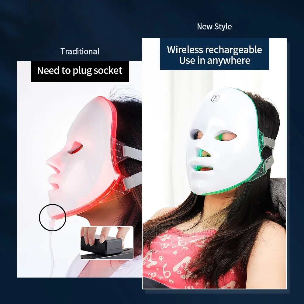 LED face mask with traditional and wireless rechargeable options on a dark background.
