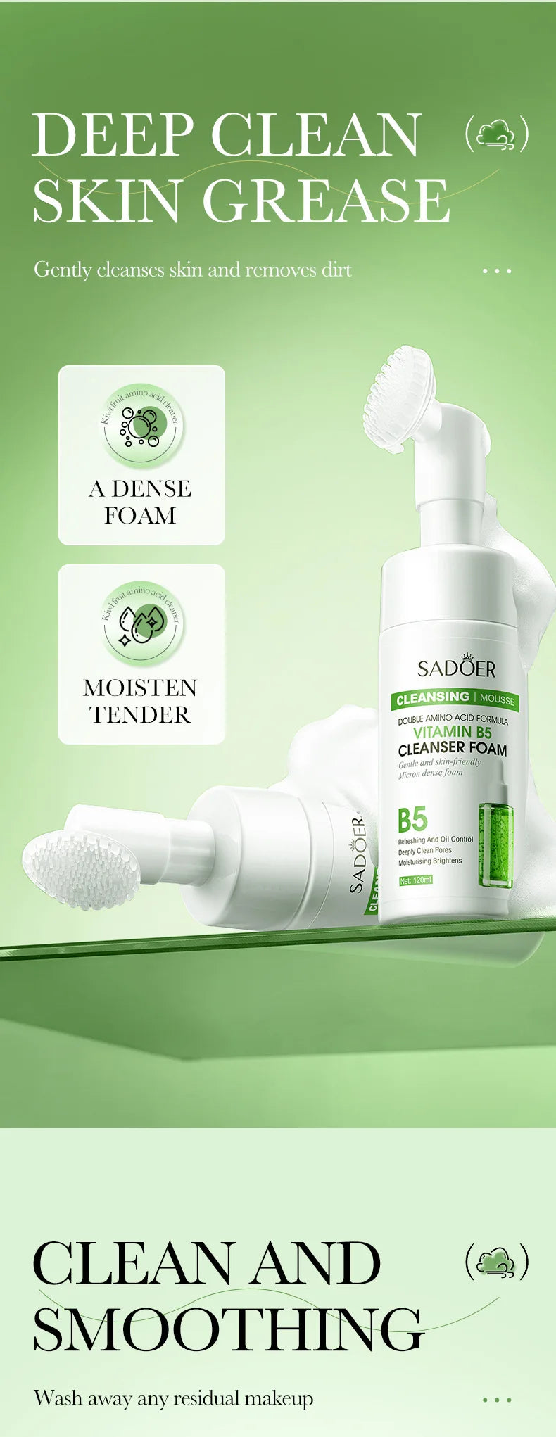 SADOER Brightening Facial Cleanser Foam – Vitamin C, Q10, Hyaluronic Acid & Vitamin B5 Variants, 100ml