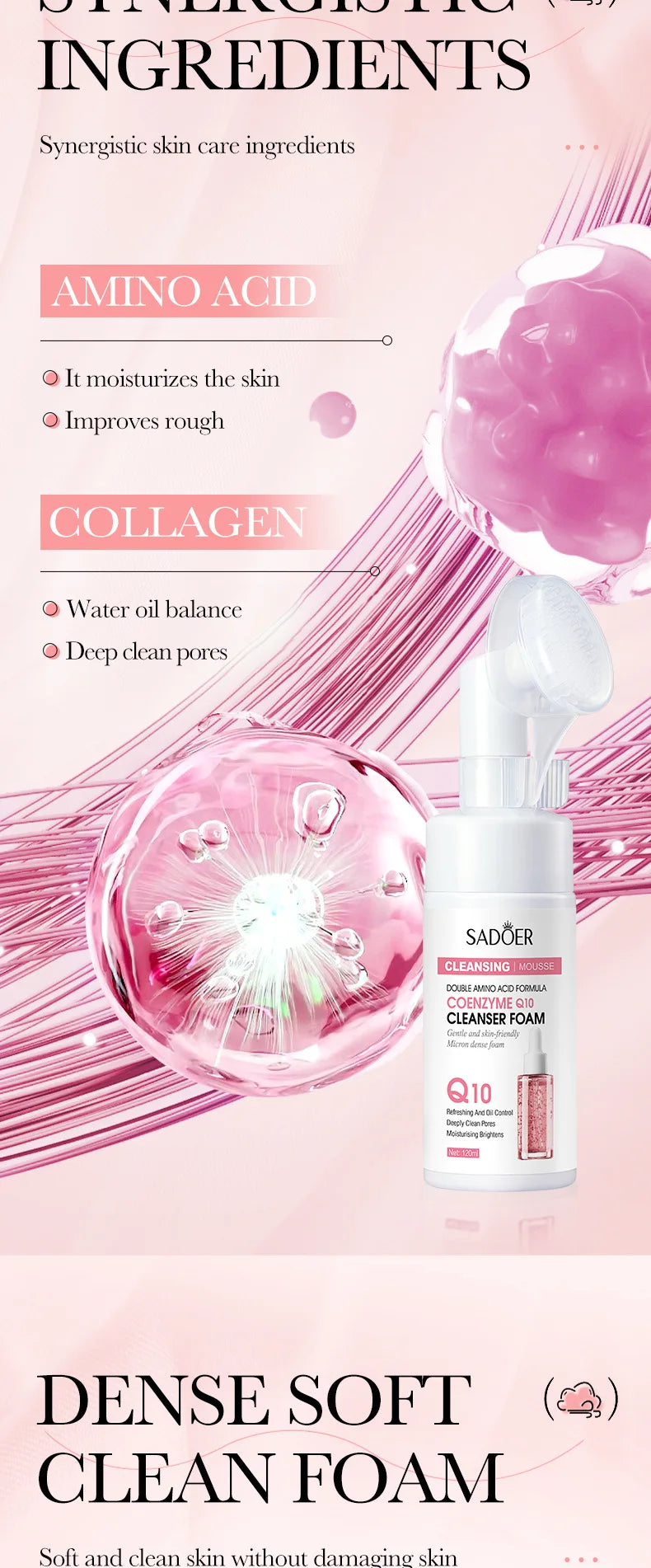 SADOER Brightening Facial Cleanser Foam – Vitamin C, Q10, Hyaluronic Acid & Vitamin B5 Variants, 100ml