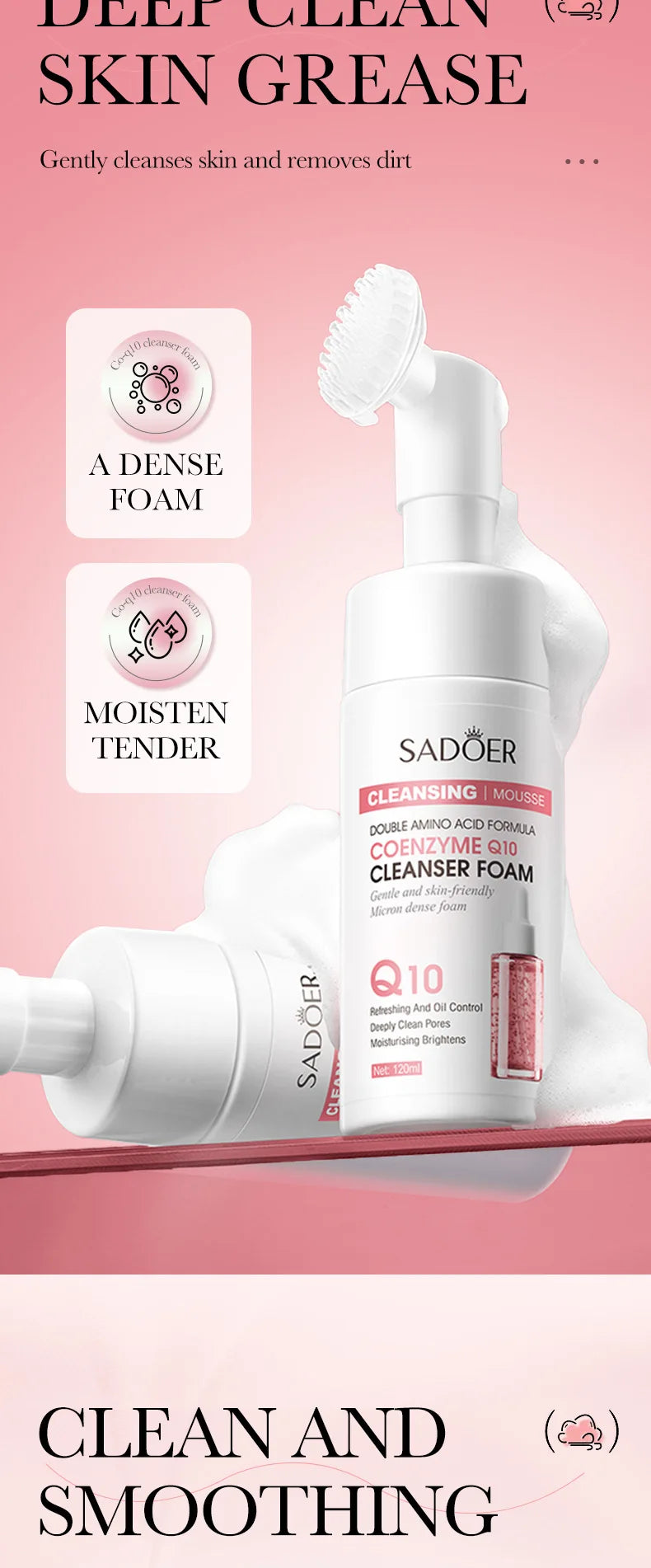 SADOER Brightening Facial Cleanser Foam – Vitamin C, Q10, Hyaluronic Acid & Vitamin B5 Variants, 100ml