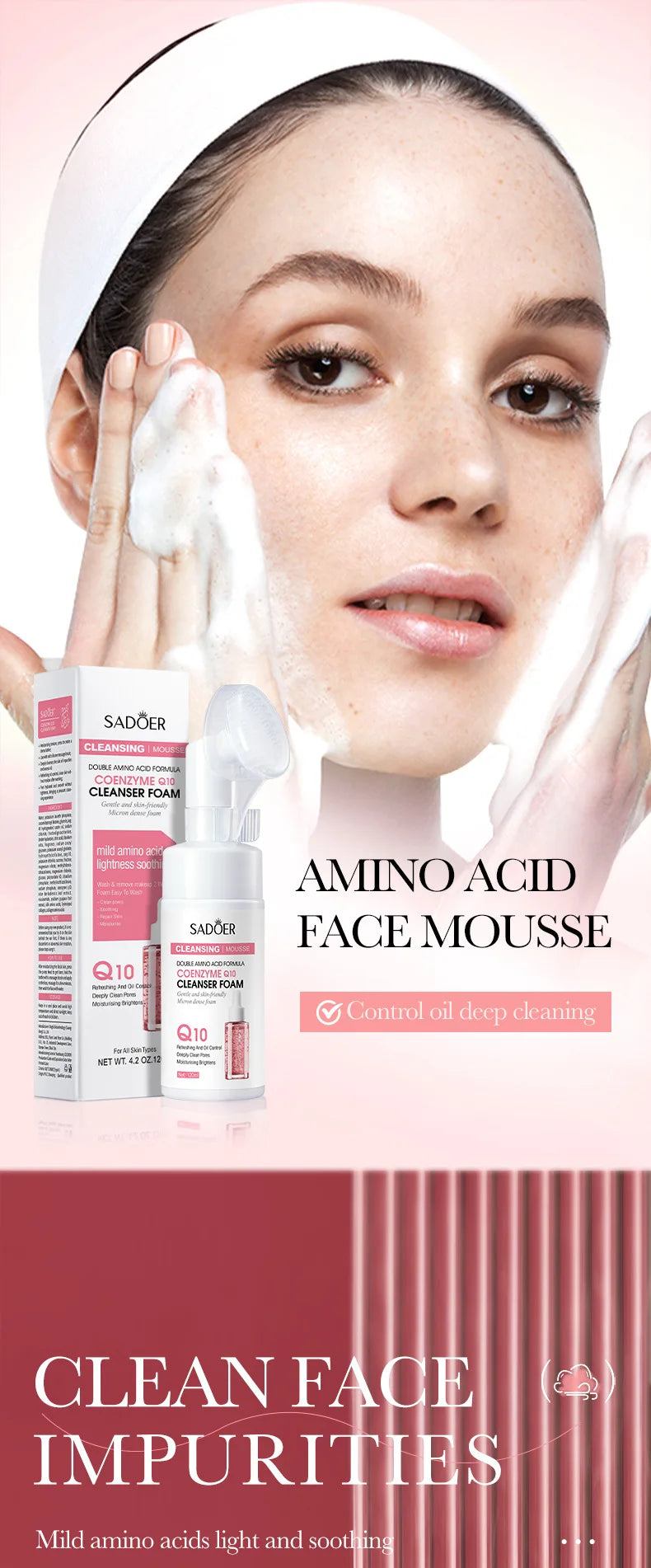 SADOER Brightening Facial Cleanser Foam – Vitamin C, Q10, Hyaluronic Acid & Vitamin B5 Variants, 100ml