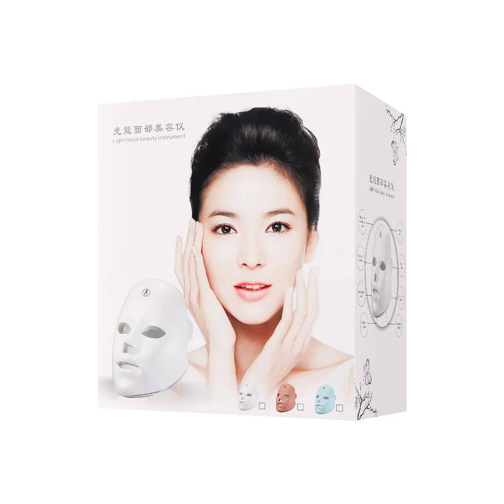Facial mask device packaging with a woman's face on a white background