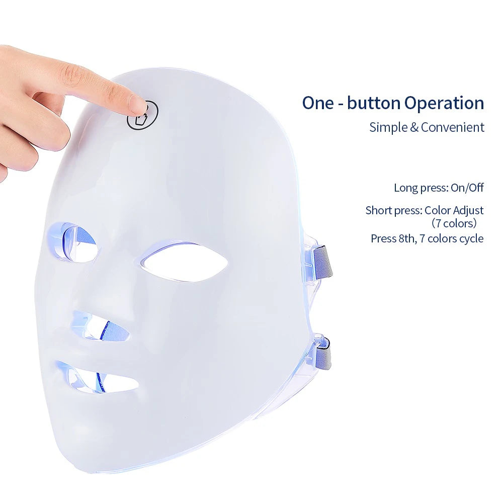LED face mask with one-button operation on a white background