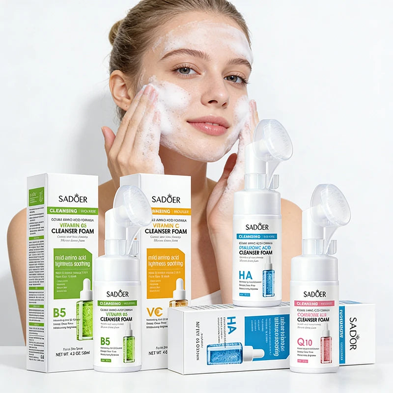 SADOER Brightening Facial Cleanser Foam – Vitamin C, Q10, Hyaluronic Acid & Vitamin B5 Variants, 100ml
