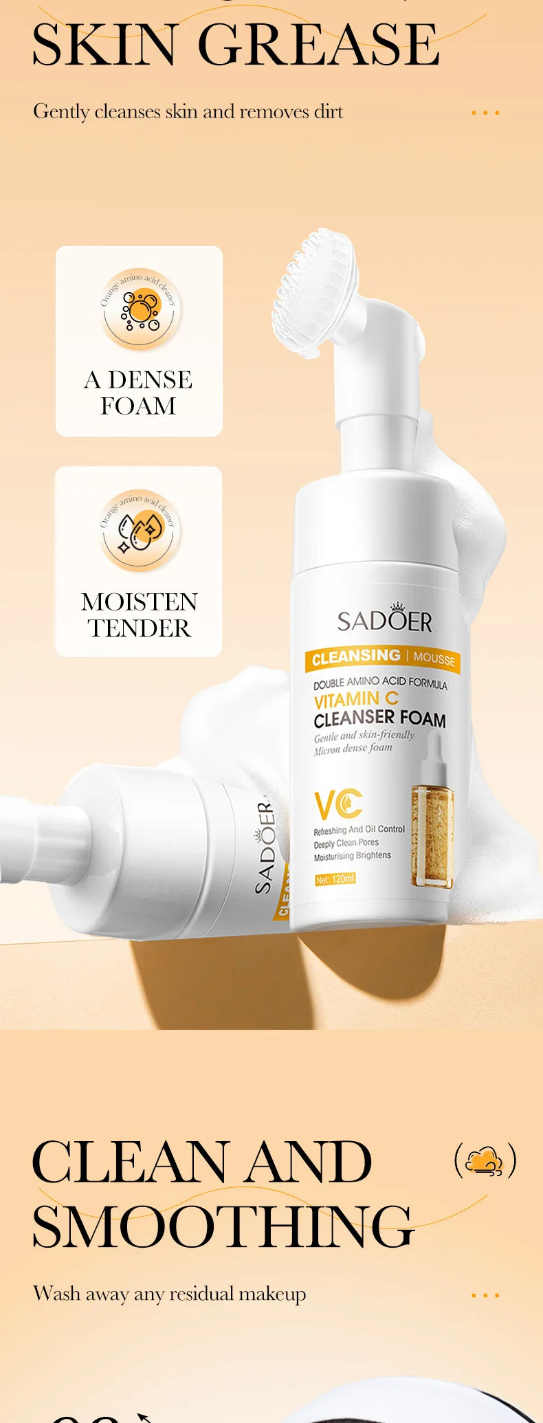 SADOER Brightening Facial Cleanser Foam – Vitamin C, Q10, Hyaluronic Acid & Vitamin B5 Variants, 100ml
