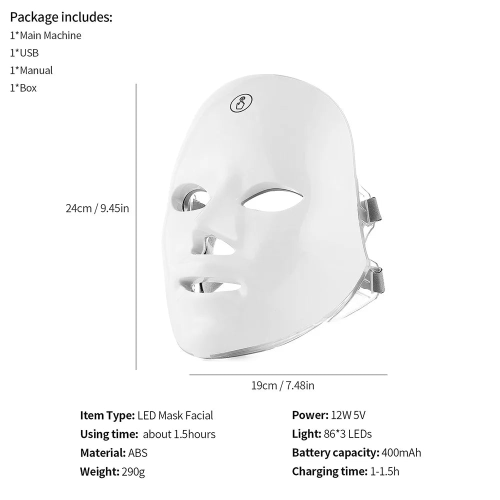 7-Color LED Photon Facial Mask – Rechargeable Light Therapy for Skin Rejuvenation, Anti-Ageing & Whitening
