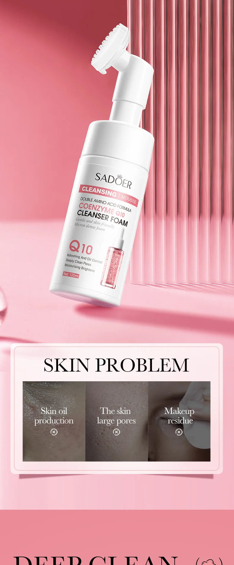 SADOER Brightening Facial Cleanser Foam – Vitamin C, Q10, Hyaluronic Acid & Vitamin B5 Variants, 100ml