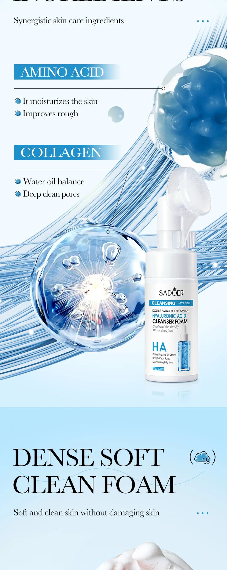 SADOER Brightening Facial Cleanser Foam – Vitamin C, Q10, Hyaluronic Acid & Vitamin B5 Variants, 100ml