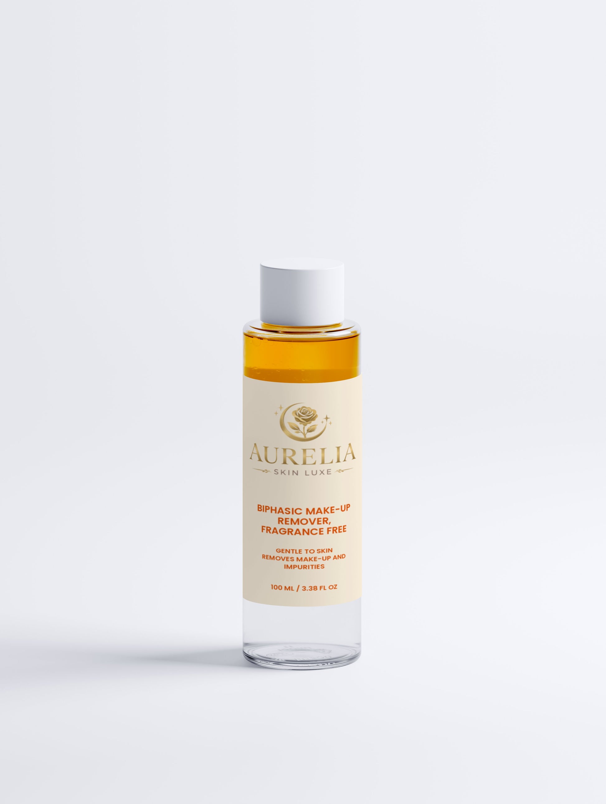 Make-up remover bottle with a white cap on a light gray background