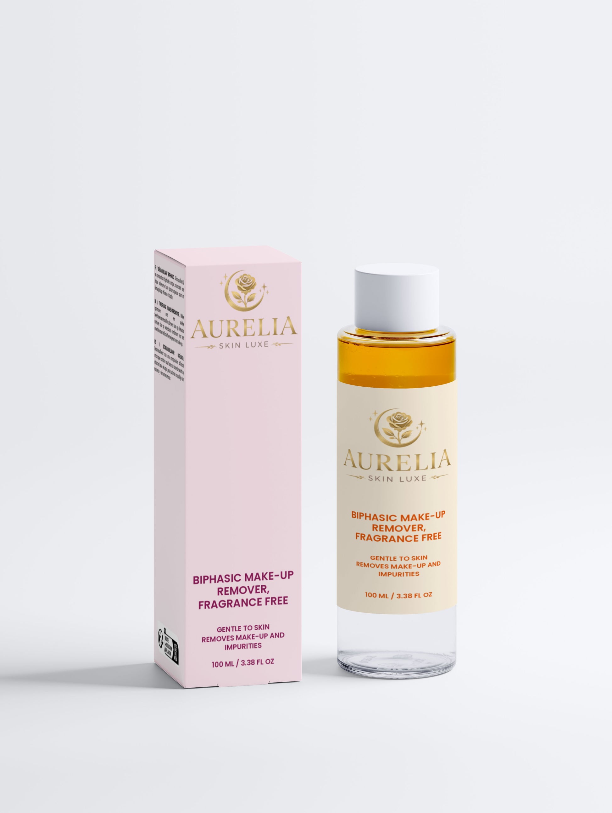 Aurelia biphasic makeup remover bottle and packaging on a white background