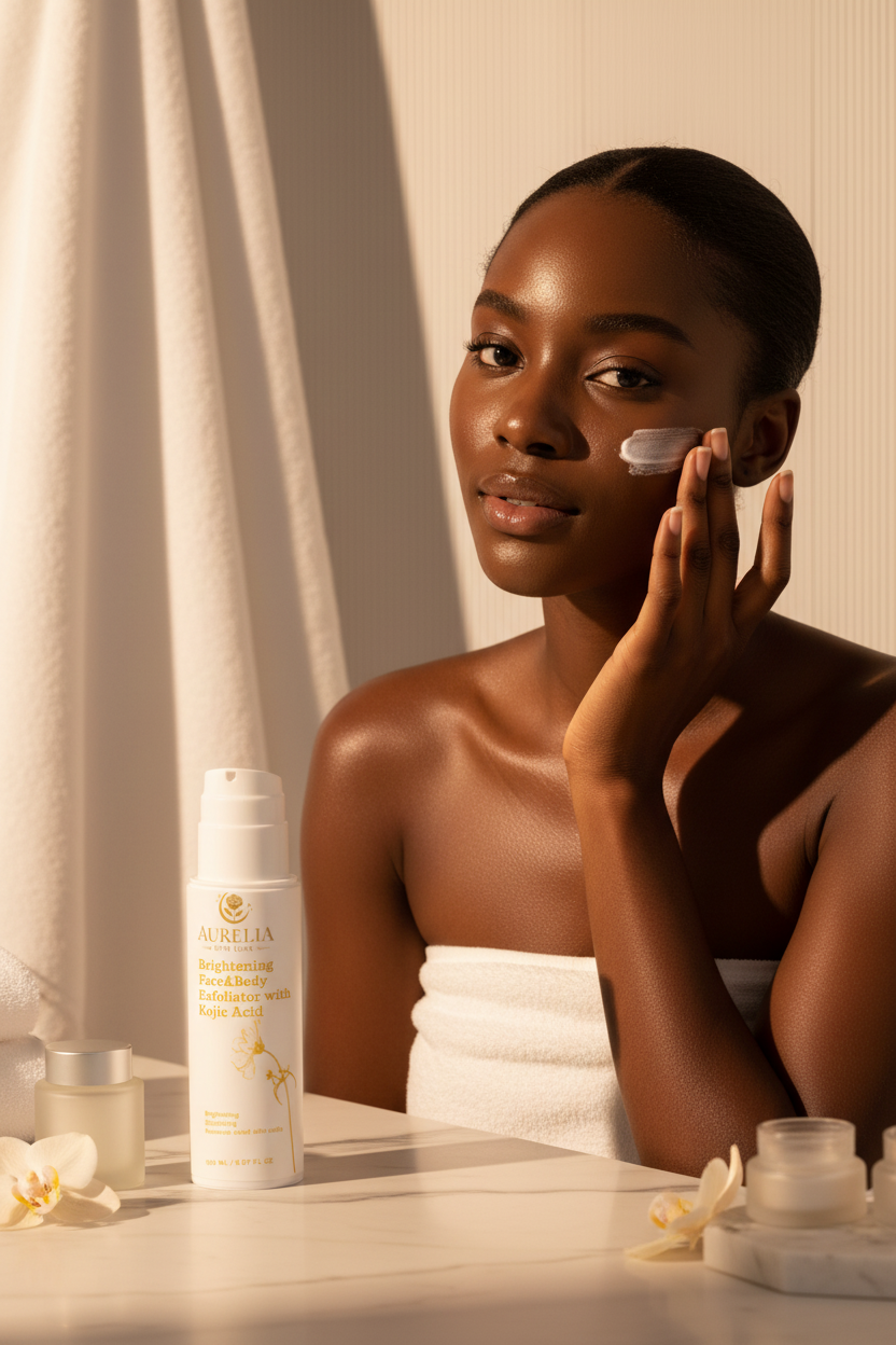 Black woman applying Aurelia Skin Luxe Brightening Exfoliator