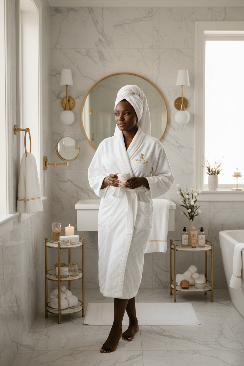 Black woman — marble bathroom