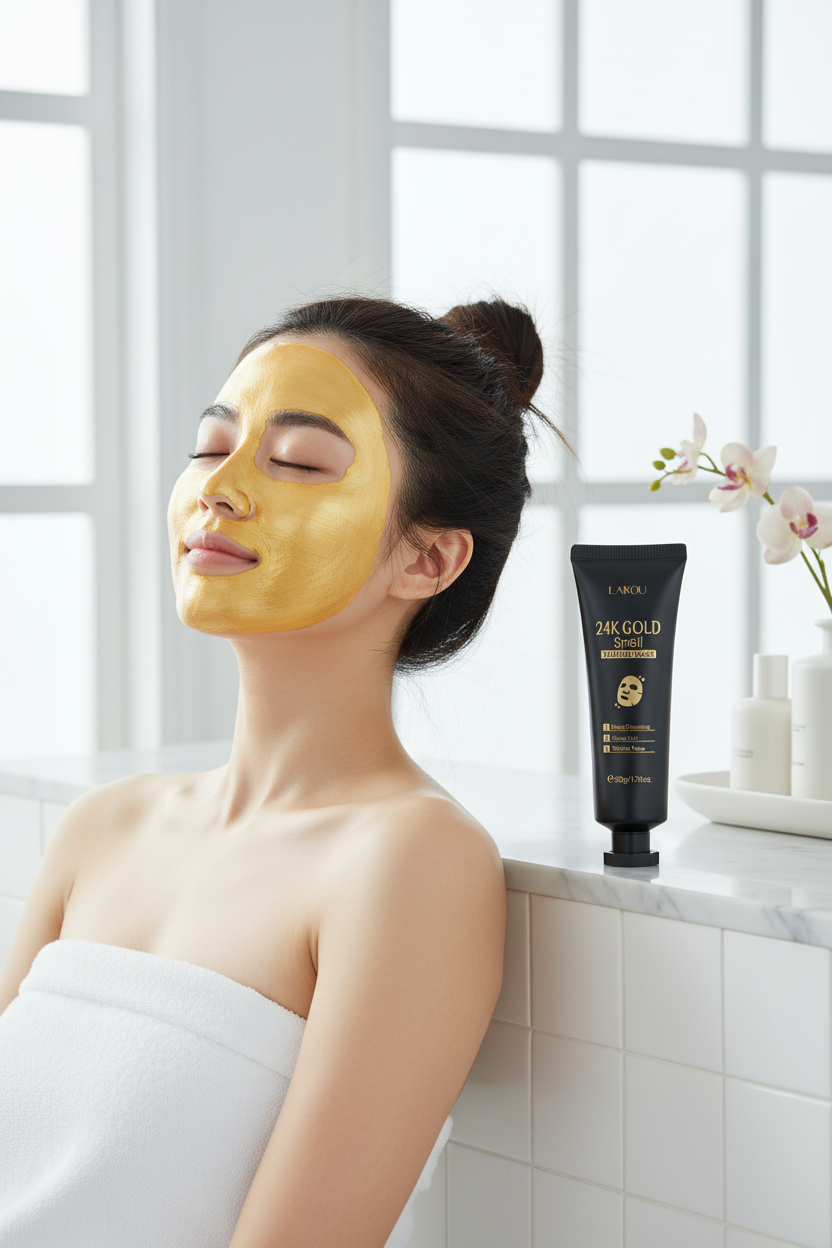 East Asian woman – gold mask applied + black tube
