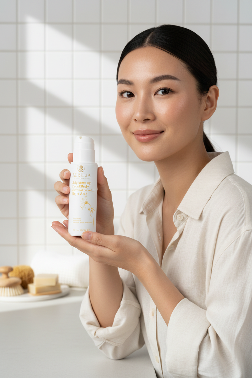 East Asian woman holding Aurelia Skin Luxe Brightening Exfoliator