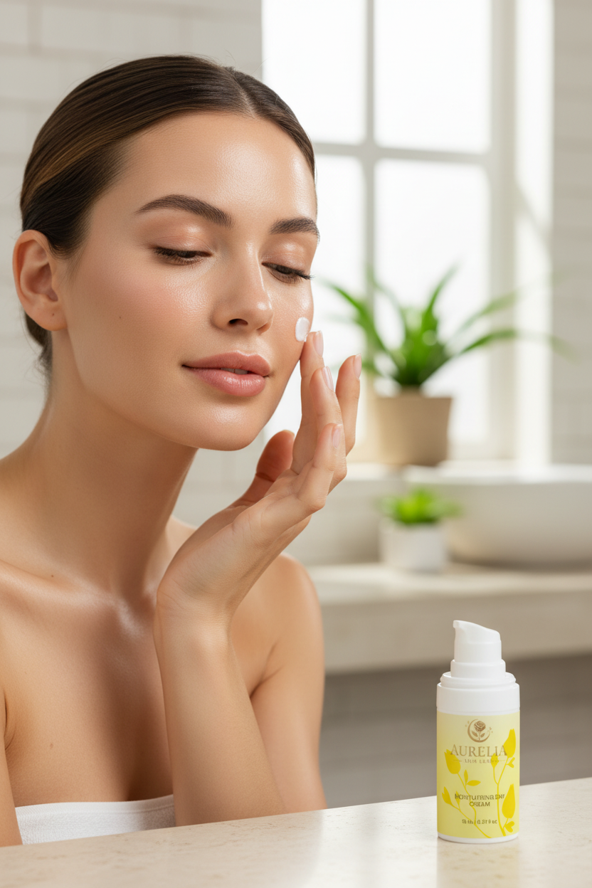 Female model applying Aurelia Skin Luxe Moisturising Day Cream