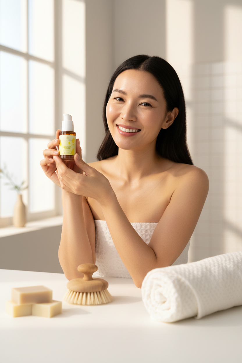 East Asian woman holding Aurelia Skin Luxe Ginkgo Gel Booster bottle