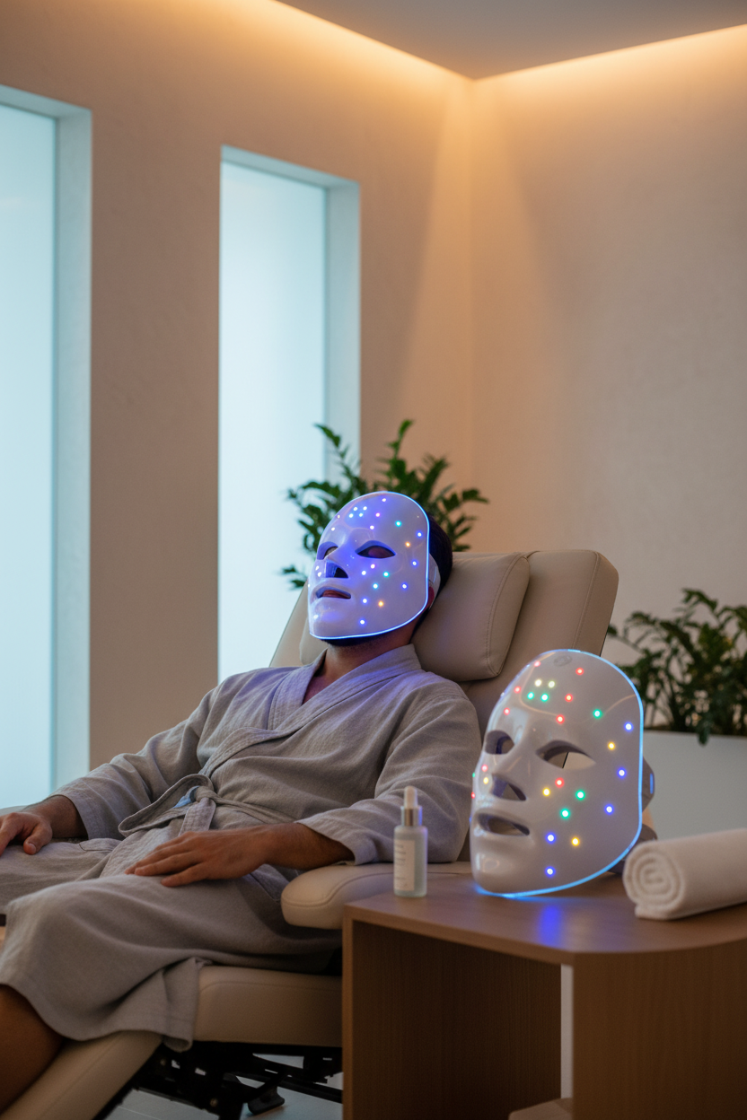 Middle Eastern man wearing LED facial mask with blue lights in spa room