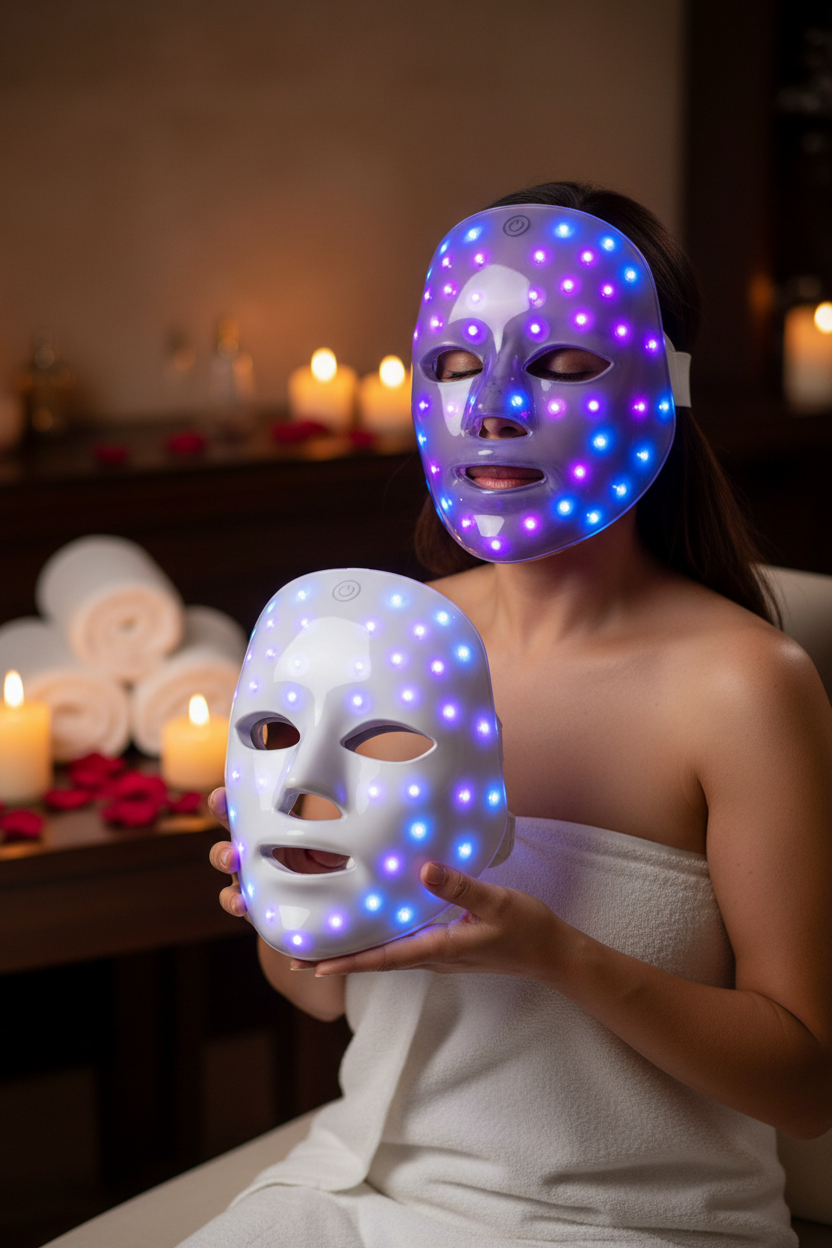 Latina woman wearing LED facial mask with purple and blue lights
