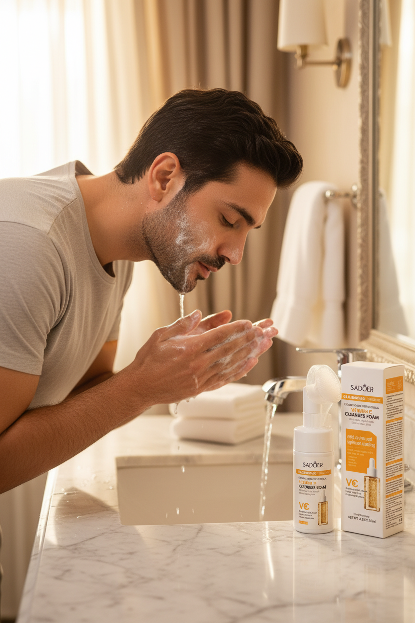 Middle Eastern man rinsing SADOER Vitamin C Facial Cleanser from face