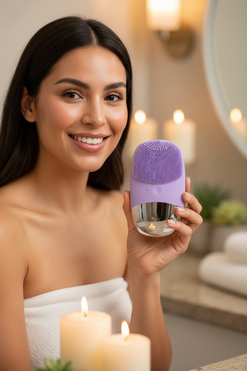 Latina woman holding violet sonic facial cleansing brush