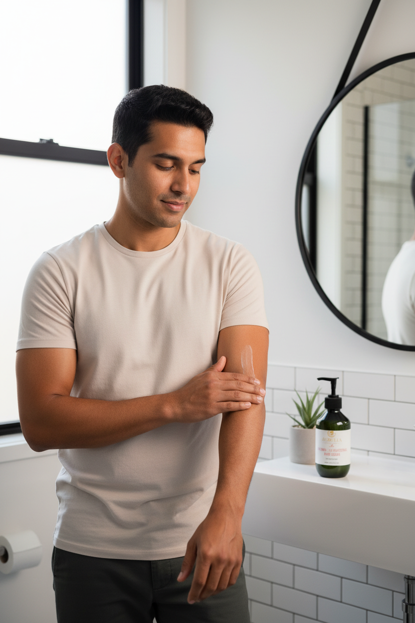 South Asian man applying Aurelia Skin Luxe Body Cream to arms
