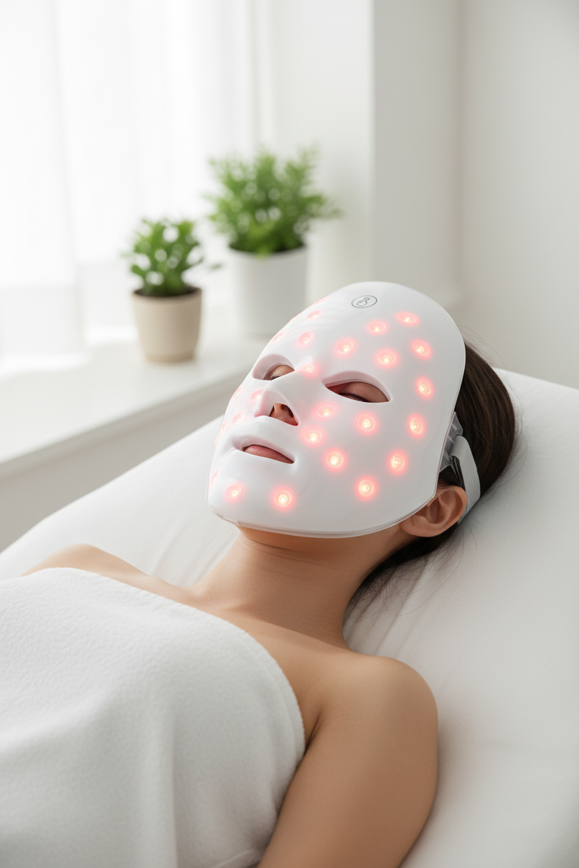 East Asian woman lying back wearing LED facial mask with red lights