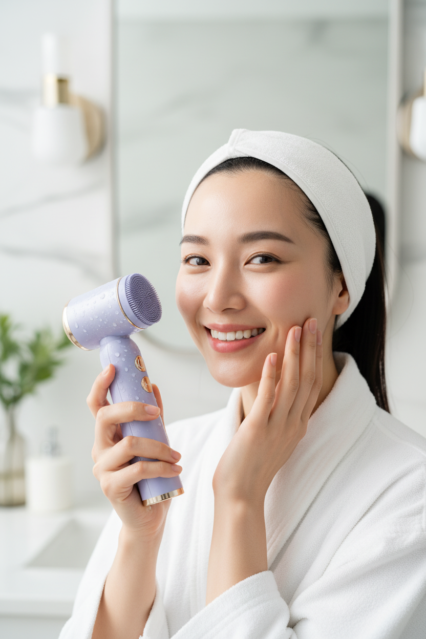 East Asian woman holding violet facial cleansing brush in spa bathroom