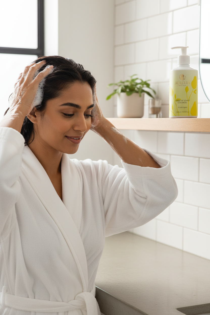 South Asian woman applying Aurelia Skin Luxe Sensitive Scalp Shampoo in spa bathroom