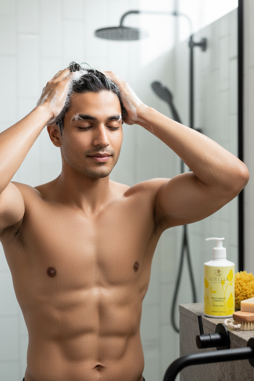 South Asian man using Aurelia Skin Luxe Moisturising Shampoo