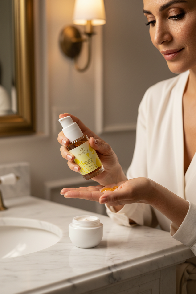 Middle Eastern woman dispensing Aurelia Skin Luxe Ginkgo Gel Booster onto fingertips