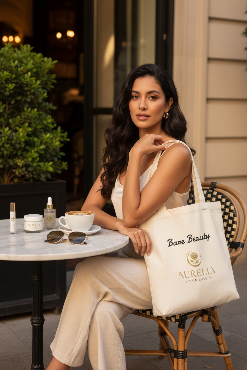 Latina woman with Aurelia Skin Luxe Bare Beauty cream cotton tote at outdoor café