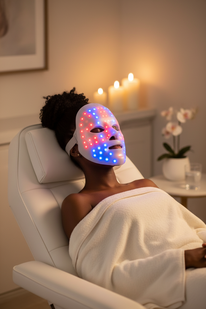 Black woman wearing 7-color LED photon facial mask with red and blue lights