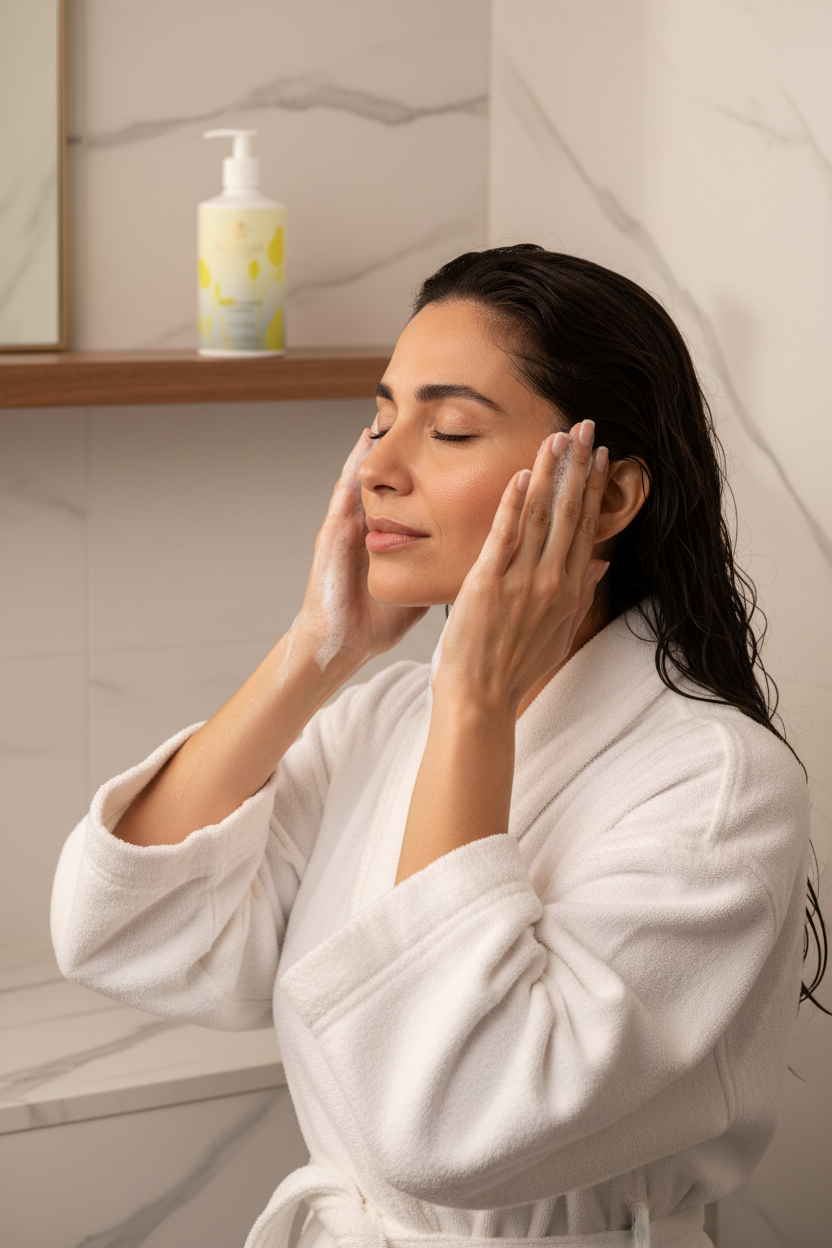 Middle Eastern woman massaging Aurelia Skin Luxe Sensitive Scalp Shampoo into scalp