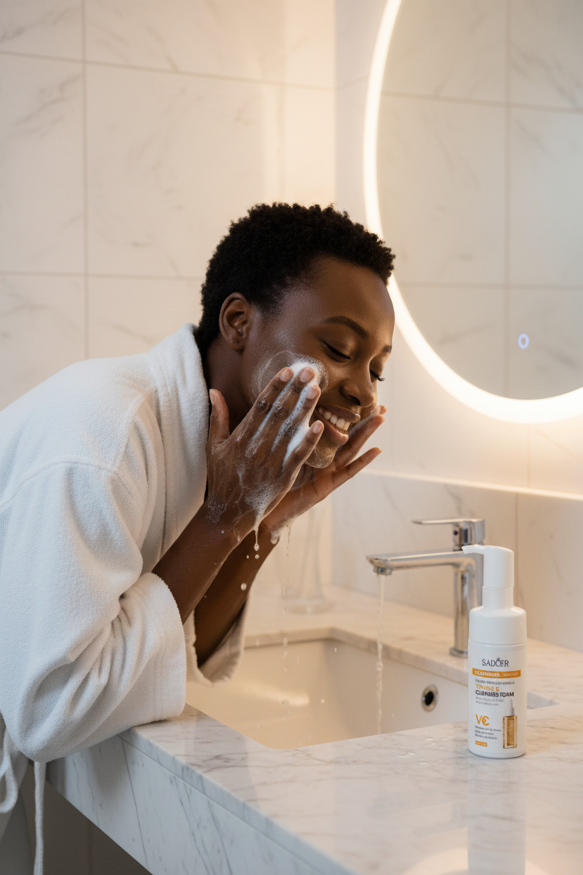 Black woman washing face with SADOER Vitamin C Facial Cleanser Foam